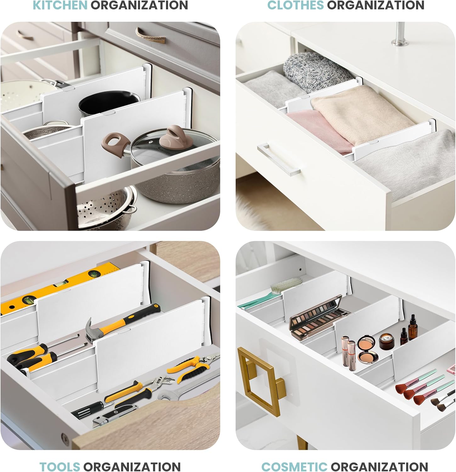 RAPTUROUS Adjustable Drawer Dividers, 4 Tall, Expandable 11-17, 6-Pack, Non-Slip for Deep Drawers in Kitchen, Bedroom, and Closet (White)